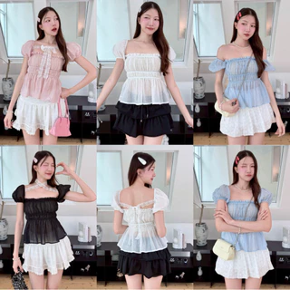 (ผ้าบาง) เสื้อแขนตุ๊กตาลูกไม้ผูกหลัง สาวอวบใส่ได้อกถึง40/รุ่นนี้สามารถผูกปรับได้หลายแบบนะคะ