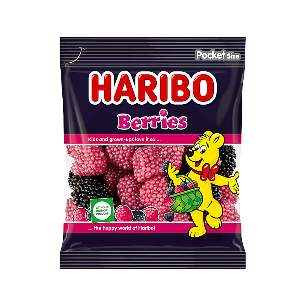 Berries 175g - Haribo ลูกอมกัมมี่รูปเบอร์รี่ สีสันสดใส เนื้อหนึบหนับ เคลือบเม็ดน้ำตาลกรุบเบา ๆ รสหวานอมเปรี้ยว