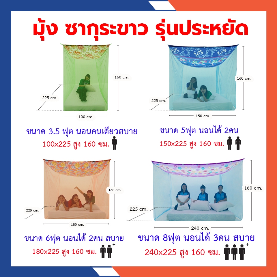 (ขายดี) มุ้งกันยุง มุ้ง 3.5ฟุต 5ฟุต 6ฟุต 8ฟุต 9ฟุต นอน1-5คน รุ่นประหยัด ยี่ห้อซากุระขาว หลังคาผ้าโพลีกันฝุ่นกันแสง รูปที่ 8