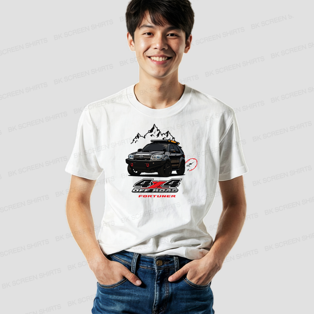 เสื้อยืดสกรีนลาย TOYOTA FORTUNER 4x4 OFF ROAD K407 สีขาว เนื้อผ้าโพลีเอส 100% นุ่มใส่สบาย สินค้าพร้อ