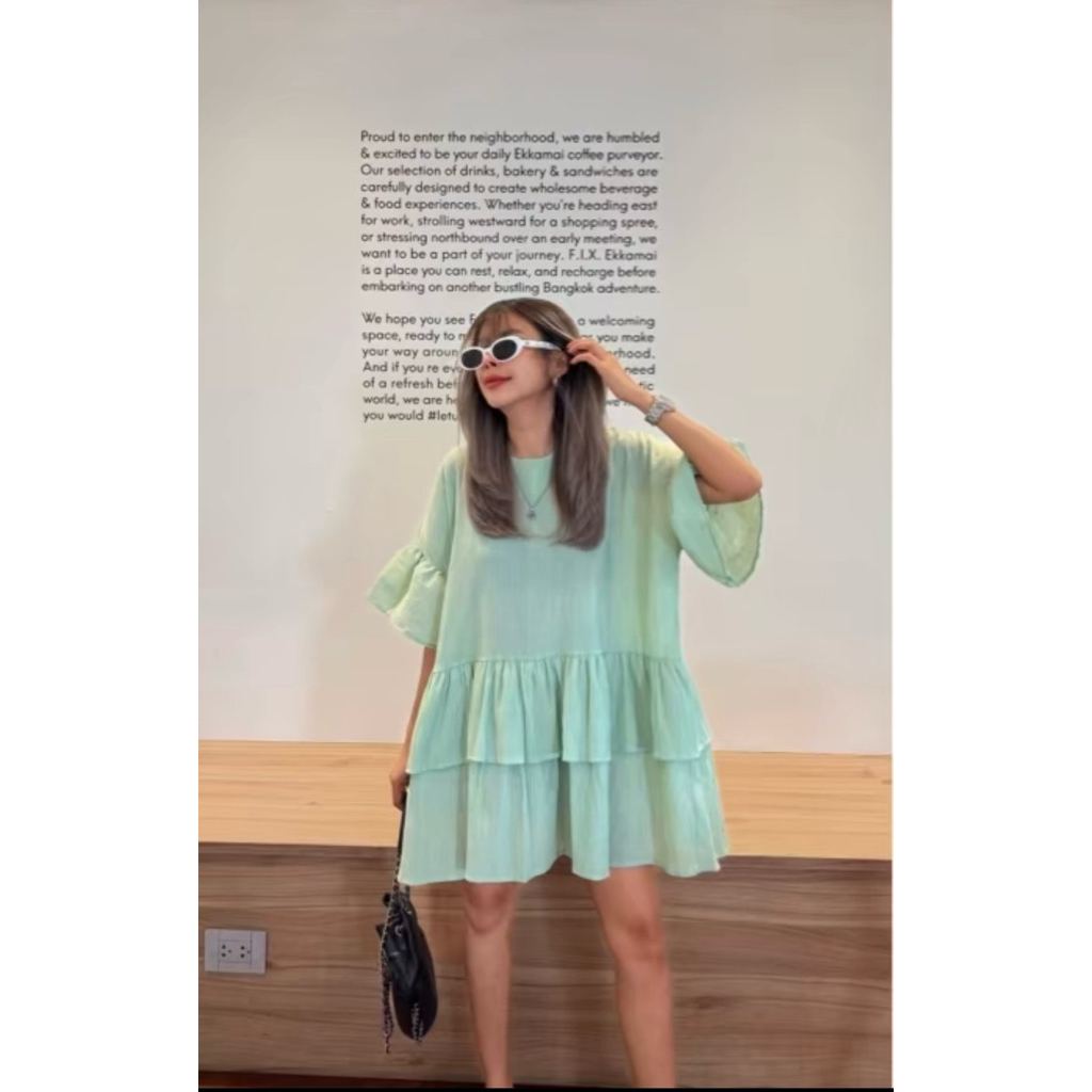 เดรสผ้าฝ้ายระบาย 2 ชั้น สีเขียว แบรนด์ Rawii.bkk