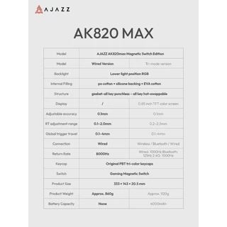 คีย์บอร์ดเกมมิ่ง Ajazz AK820 Max Magnetic Switch Wired RGB Gasket Mechanical Keyboard รับประกันสินค้า 1 ปี