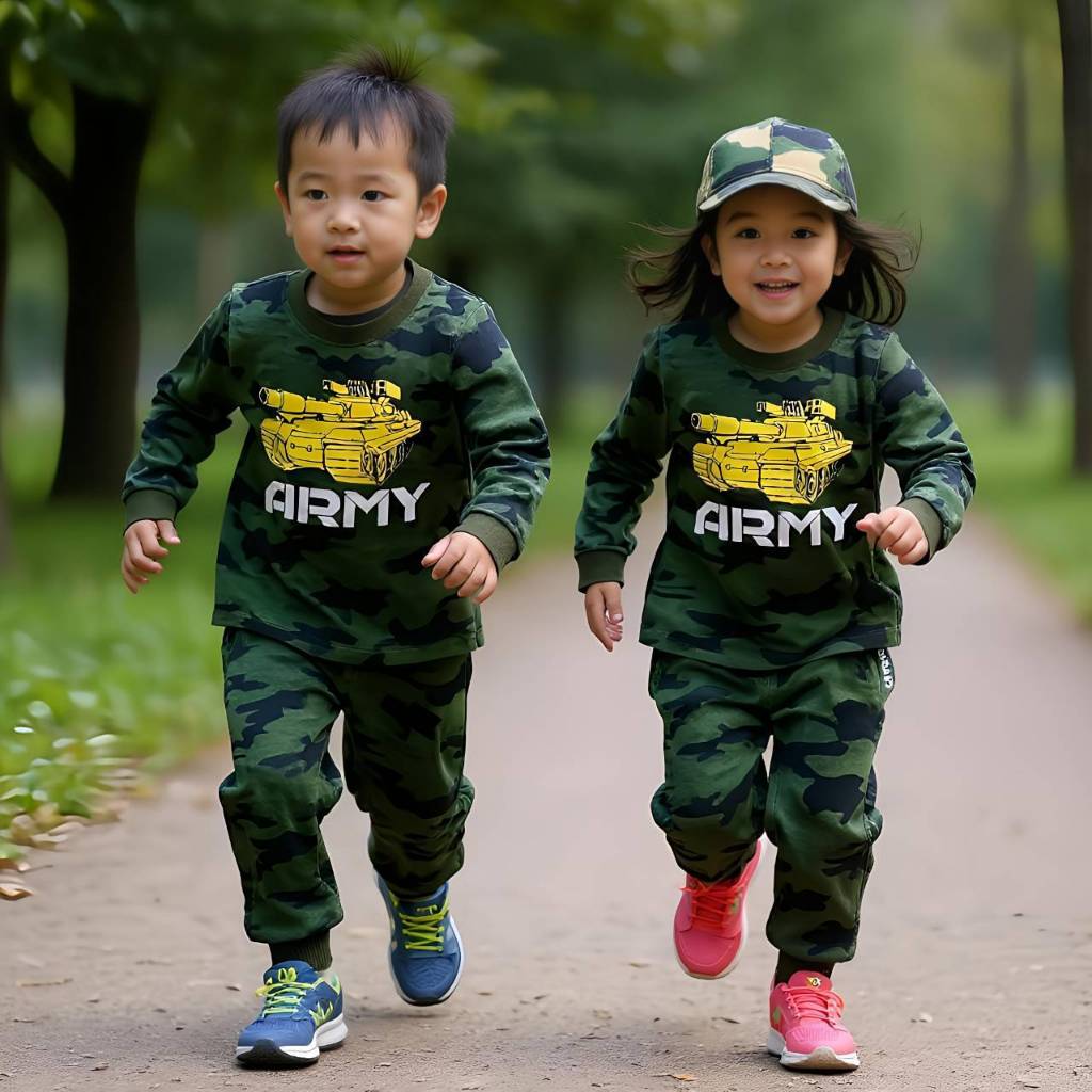 ชุดอาชีพทหาร ชุดเด็กลายพรางเสื้อยืดแขนยาว + ขายาวลายพราง สกรีนลายมีไซร์ใส่ได้ทั้งลูกชาย ลูกสาว