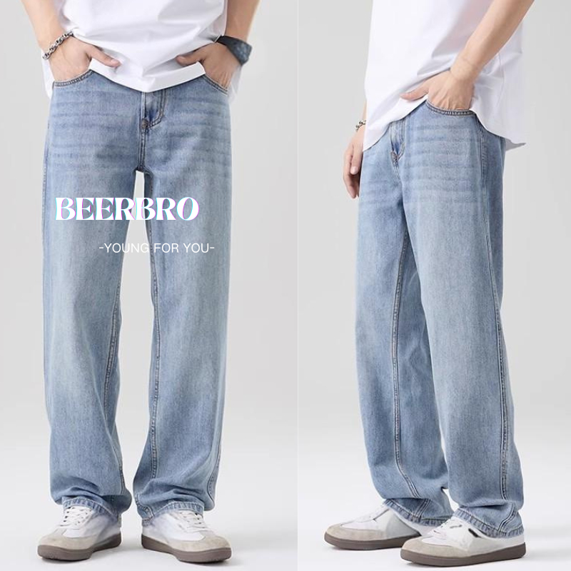beerbroth-กางเกงยีนส์ผู้ชายยีนส์ขากระบอก ทรงหลวม สีฟ้า ขายาว M-3XL ผ้ายีนส์ M-3XL แฟชั่นย้อนยุค  สไตล์เกาหลี baggy jeans
