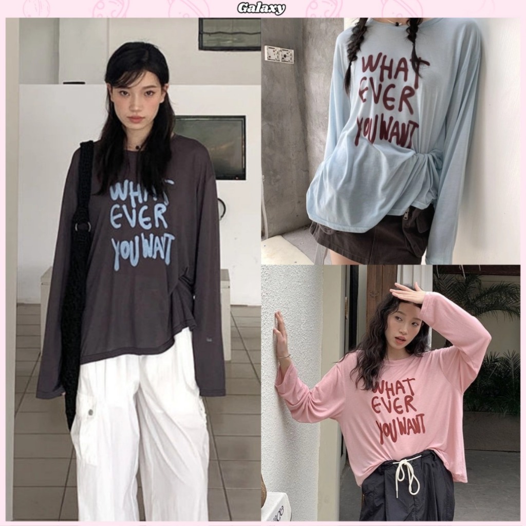 เสื้อเเขนยาวผู้หญิง เสื้อยืดผ้าไหมน้ำเเข็ง ลายอักษรเด่นๆ ทรงหลวม งานเกาหลี เหมาะกับหน้าร้อน #020374