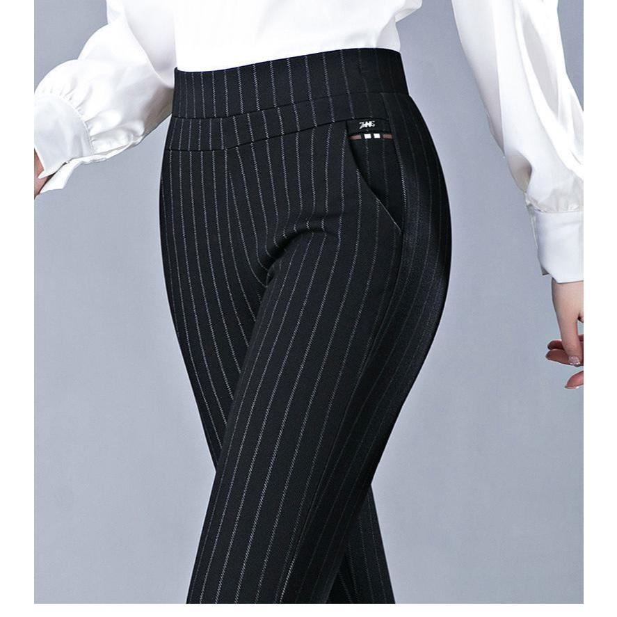 พร้อมส่งในไทย** กางเกงทำงานลายทางสีดำ กาเกงเอวยางยืด K95