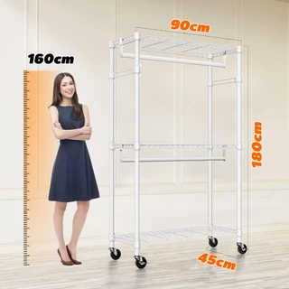 โครงตู้เผ้า 3ชั้น มีล้อ 2เสาราวแขวน 2ตัวเกี่ยวข้าง ขนาด 90x40x180ซม
