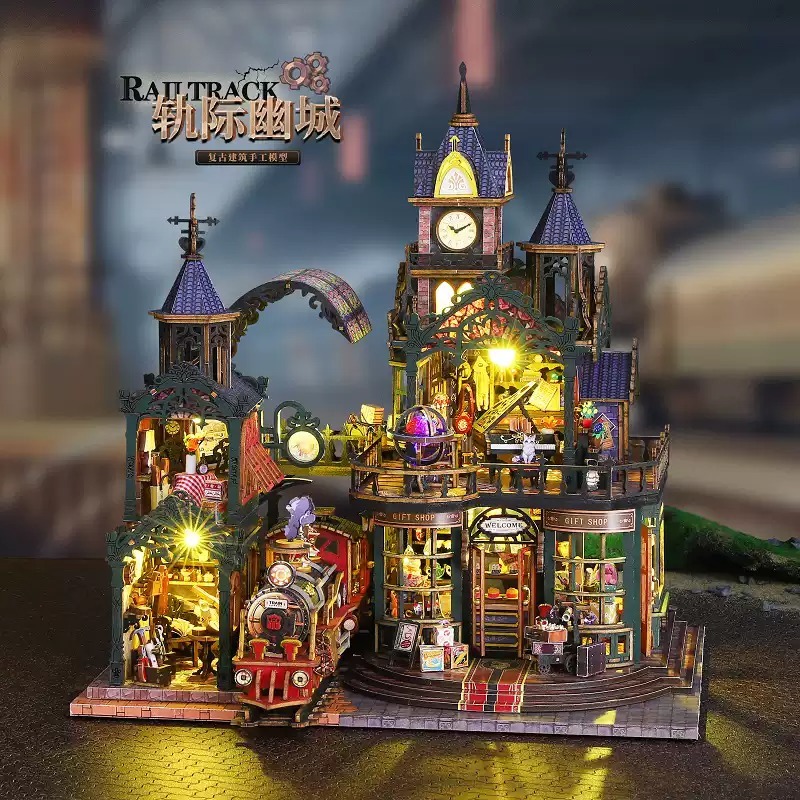 พร้อมส่ง บ้านตุ๊กตา DIY ประกอบเอง สถานีรถไฟ Rail Track City แถมกันฝุ่น (ES019)