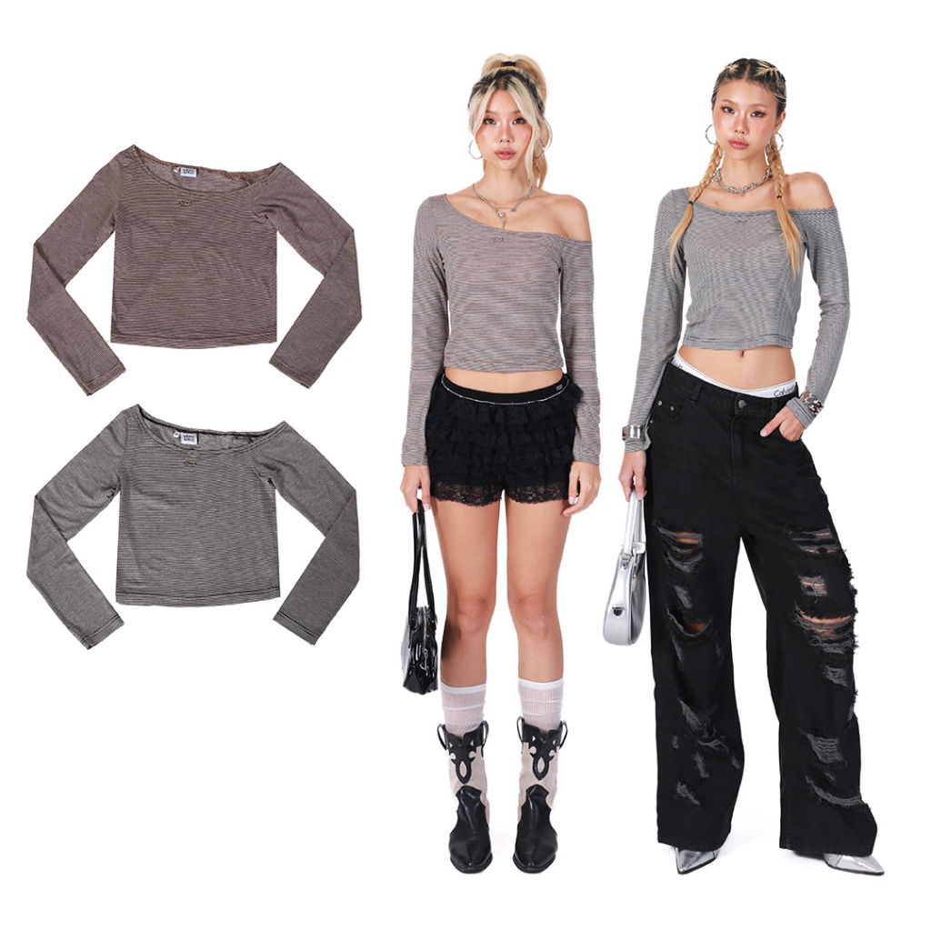 kome.offi เสื้อปาดไหล่ลายทาง รุ่น zoey top