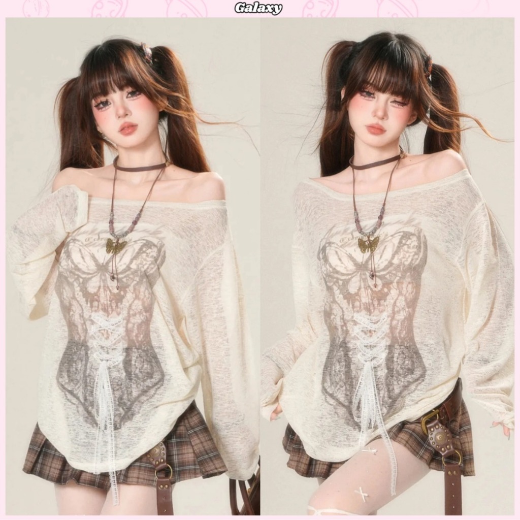 เสื้อกันเเดดทรงหลวม เสื้อไหล่เยื้อง สุดชิค เบาบางสบาย เเต่งโบว์ด้านหน้า เเขนยาว #020376