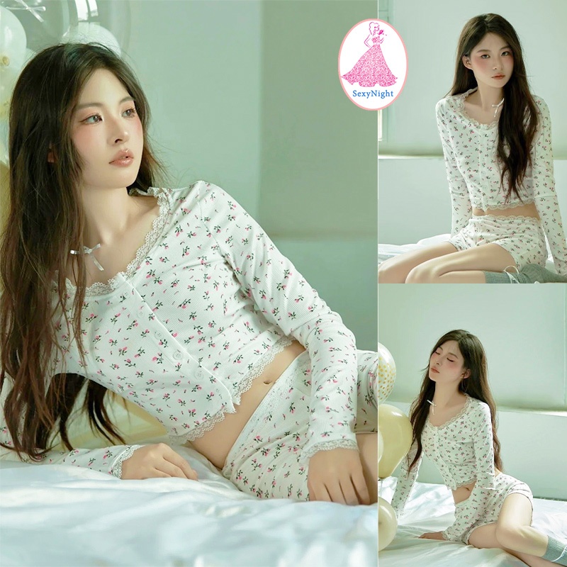 SexyNight💘💘ชุดนอนผู้หญิง ลายดอกไม้ ชุดอยู่บ้าน แขนยาว ชุดสองชิ้น สีขาว ลูกไม้ เซ็กซี่ ส่งไวจากไทย