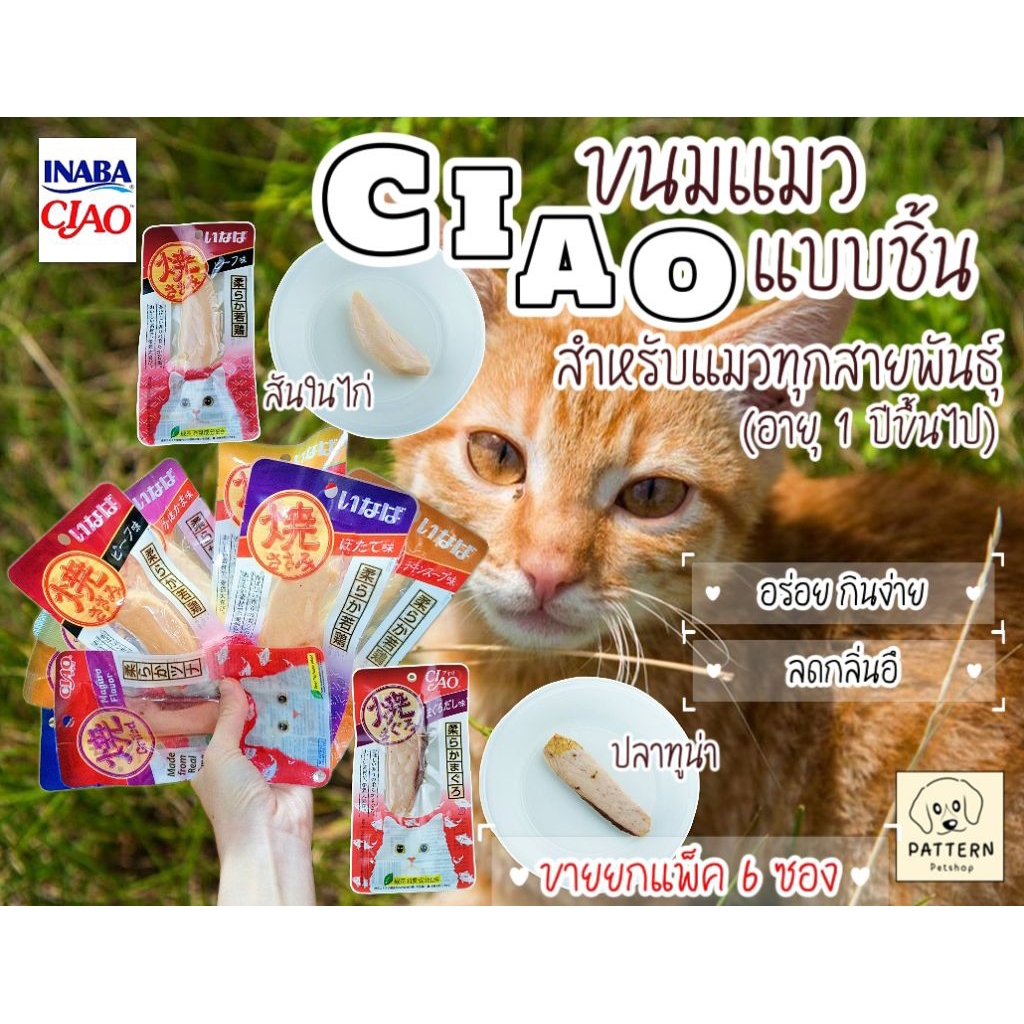 CIAO ยากิ ขนมแมวแบบชิ้น (ขายยกแพ็ค 6 ซอง) สำหรับแมวอายุ 1ปี ขึ้นไป เป็นอาหารทานเล่น