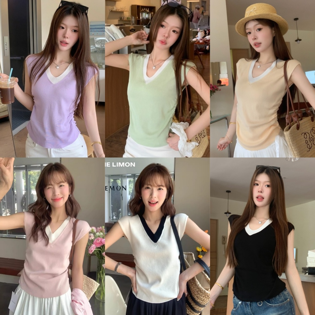 เสื้อยืด เสื้อแขนสั้น คอV ต่อสลับ มี6สีเลือกได้#2388