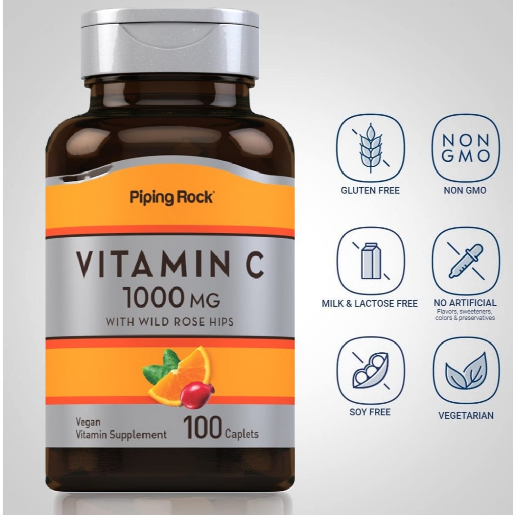 Vitamin C 1000 mg / 500 mg with Rose Hips วิตามินซี โรสฮิป Pipingrock เสริมภูมิ บำรุงผิว