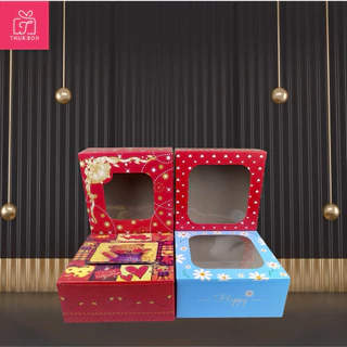 กล่องเค้ก 1 ปอนด์ พิมพ์ลาย กระดาษหลังเทา ขนาด 20x20x9 CM. (10ใบ/แพ็ค)