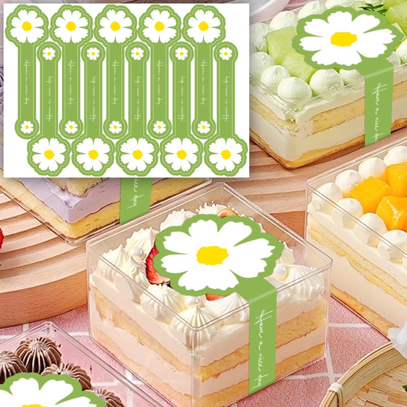 ( hh ) ดอกเดซี่่สีเขียวสด สติกเกอร์แถบยาวคาดกล่องเค้ก สติกเกอร์ปิดผนึกบรรจุภัณฑ์