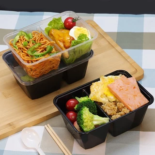 (50ชุด/แพ็ค) กล่องพลาสติกใส่อาหาร 2 ช่องพร้อมฝา วัสดุ PP Food Grade เข้าไมโครเวฟได้ รุ่น BF2G สีดำ ขนาด 650,750,1000ML.