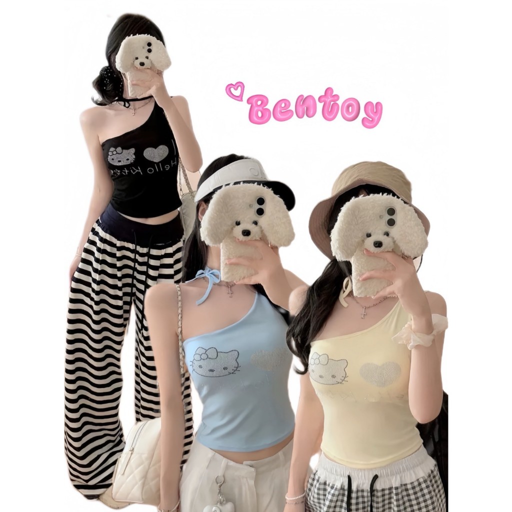 Bentoy bratop10148 เสื้อกล้ามไหล่เฉียง ดีไซน์ติดเพชรลายการ์ตูนน่ารัก สีสันสดใส ฟองน้ำในตัว