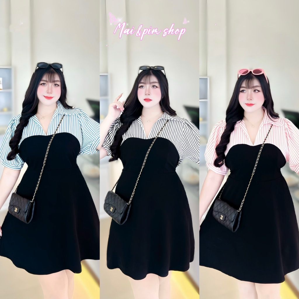 มินิเดรสลายริ้ว ลุคคุณหนูสุดๆ สาวอวบอ้วน อก 42-52 นิ้ว