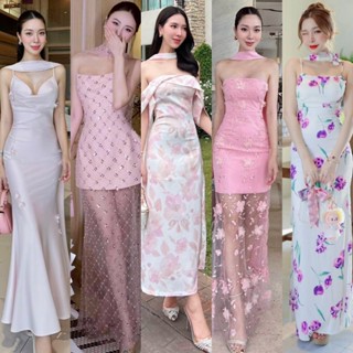 🚩ร้านโค้ดคุ้ม🚩 Pimala 112 เดรสยาวสีชมพู สีม่วง สายแต่งที่คอส…