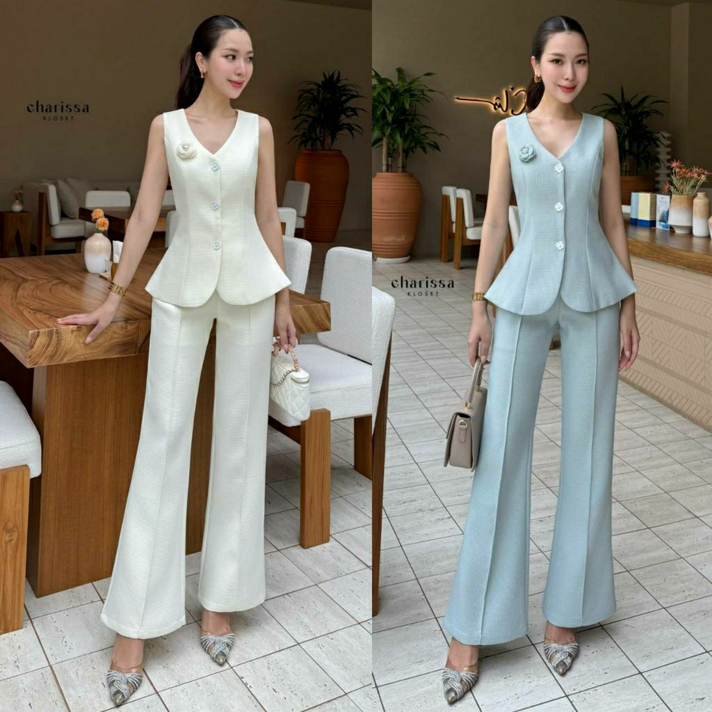 (S-L)  CHARISSA📣พร้อมสงเซ็ทเสื้อแขนกุดแต่งกระดุมดอกไม้+กางเกงขายาว+เข็มกลัดดอกไม้เนื้อผ้าอย่างดีทรงเข้ารูป