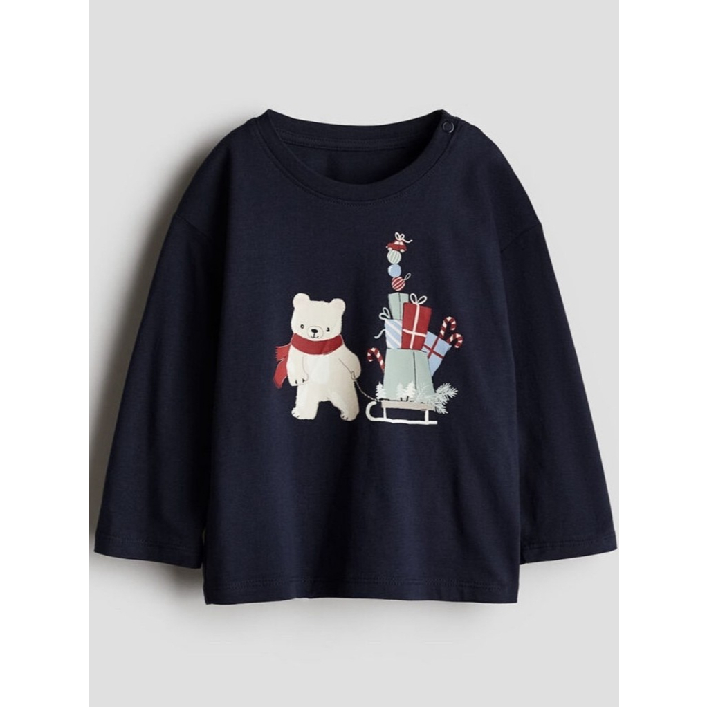 H&M เสื้อยืดแขนยาว พี่หมี สีน้ำเงิน เด็กเล็ก ครบไซด์ ของใหม่ แท้ พร้อมส่ง