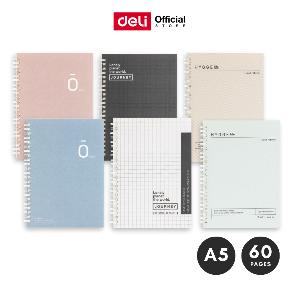 สมุดสันห่วง เส้นบรรทัด ขนาดA5 Deli รุ่น EN057 / EN058 / EN059 (คละลาย 4 ลาย / จำหน่าย 1 เล่ม)