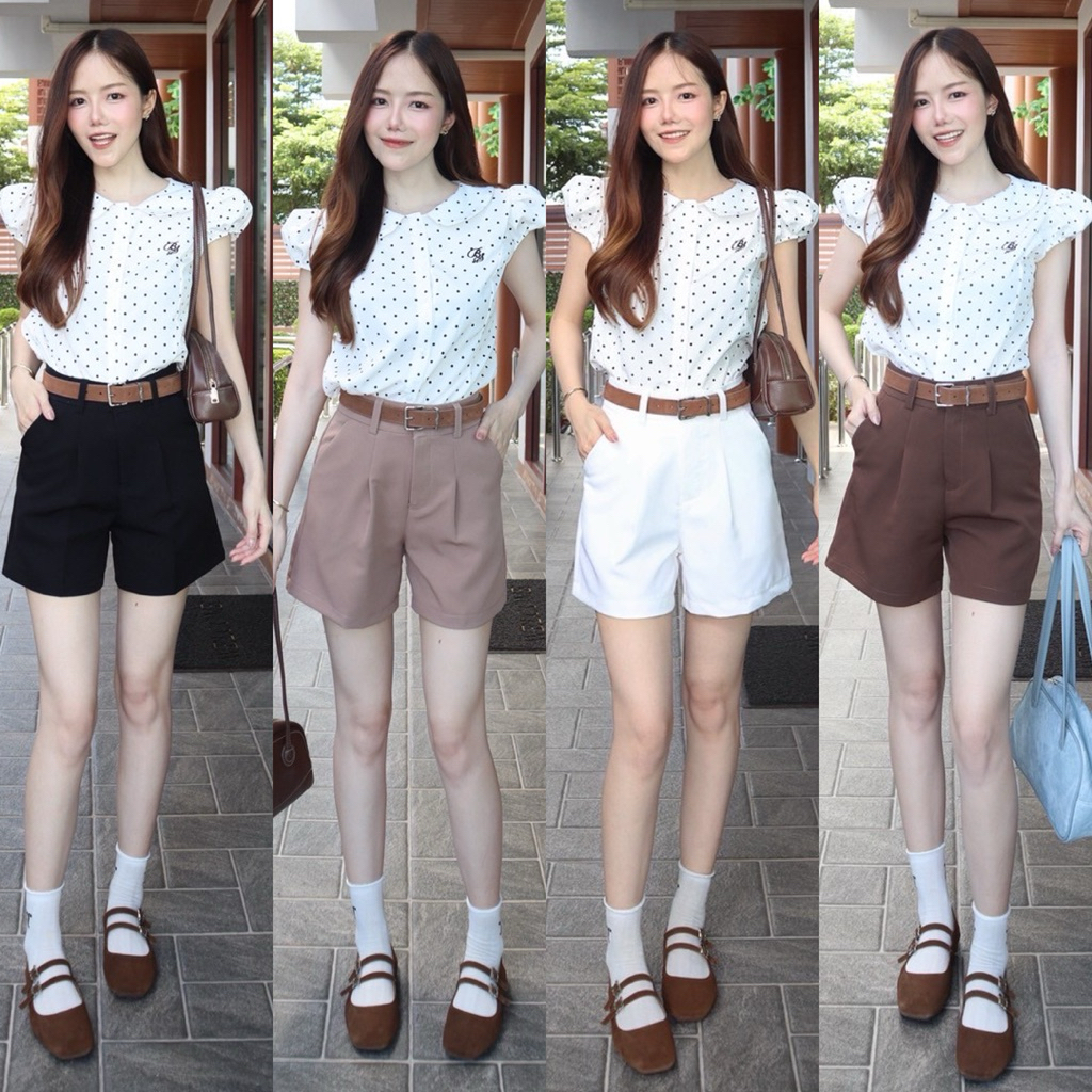 กางเกงขาสั้น ผ้าไมโคร เกรด Premium [S4] ตะขอหน้าเรียบ เอวสูง เเต่งหูเข็มขัด ยาว16-17นิ้ว (S-3XL)