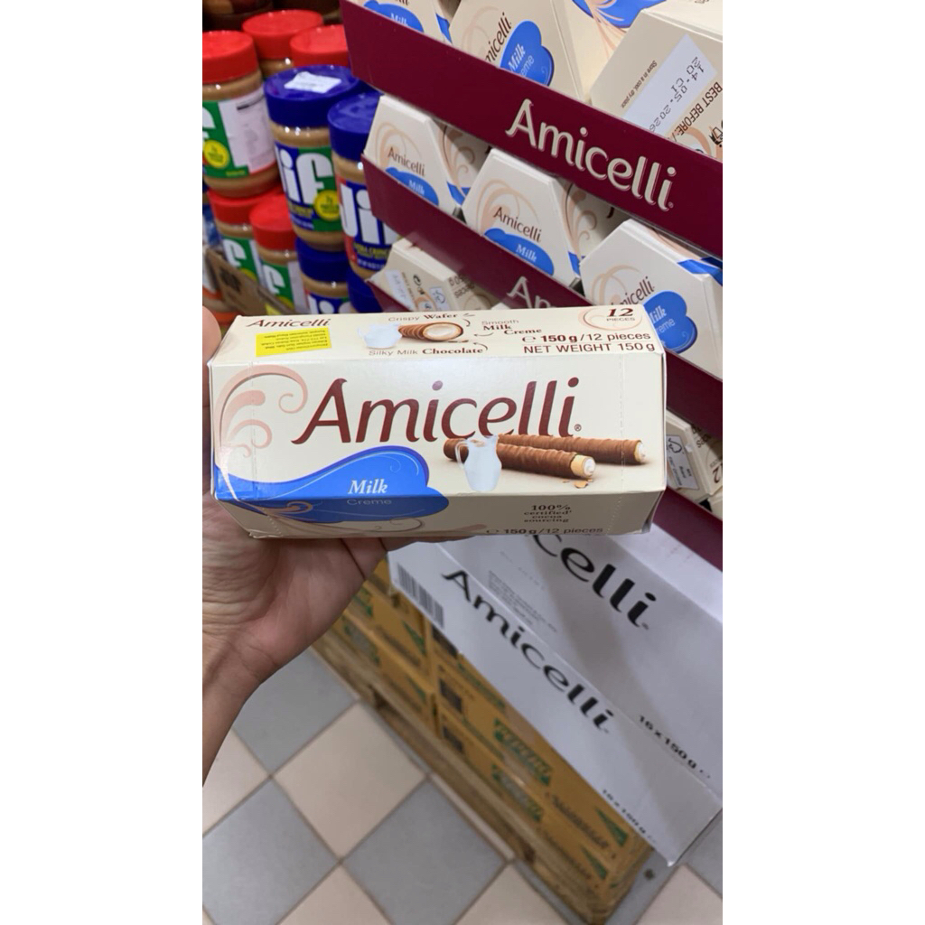 Amicelli เวเฟอรโรลเคลือบช็อกโกแลต สอดไส้รสนม สินค้านำเข้าจากเยอรมันขนาด150gมี12แท่งอร่อยมาก