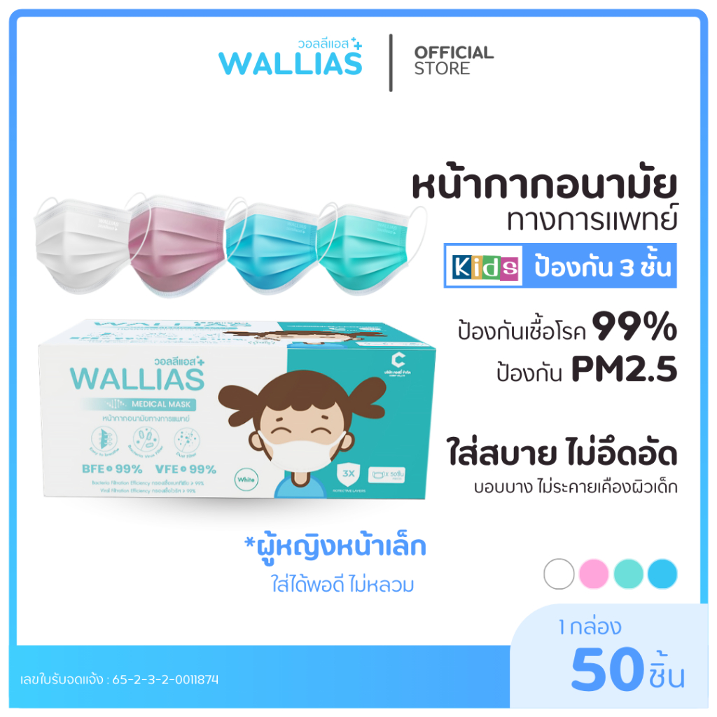 Wallias หน้ากากอนามัยเด็ก Mask KID ยี่ห้อ Wallias BFE>99% หน้ากากอนามัย หนา 3ชั้น ของเด็ก แบบ1/2/3กล่อง