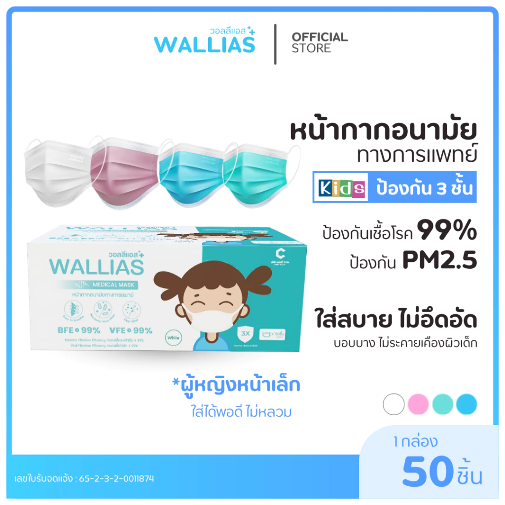 Wallias หน้ากากอนามัยเด็ก Mask KID ยี่ห้อ Wallias BFE>99% หน้ากากอนามัย หนา 3ชั้น ของเด็ก แบบ1/2/3กล่อง