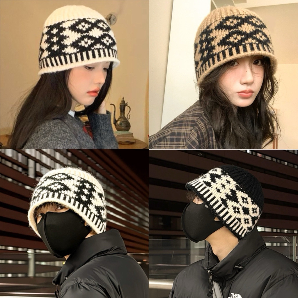 (Tq) หมวกไหมพรม ทรงบินนี่บัคเก็ต ถักลาย