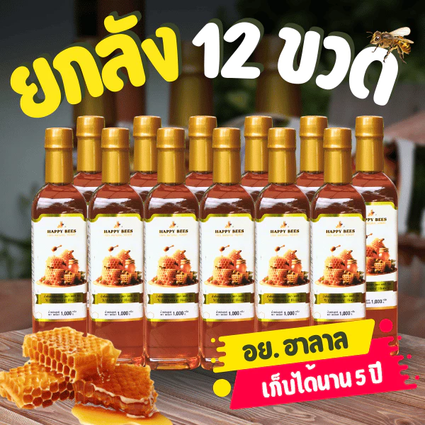 ยกลัง 12 ขวด น้ำผึ้งแท้ ขวดใหญ่ - น้ำผึ้งแฮปปี้ บีส์ จากดอกไม้ป่านานาชนิด เพื่อสุขภาพ