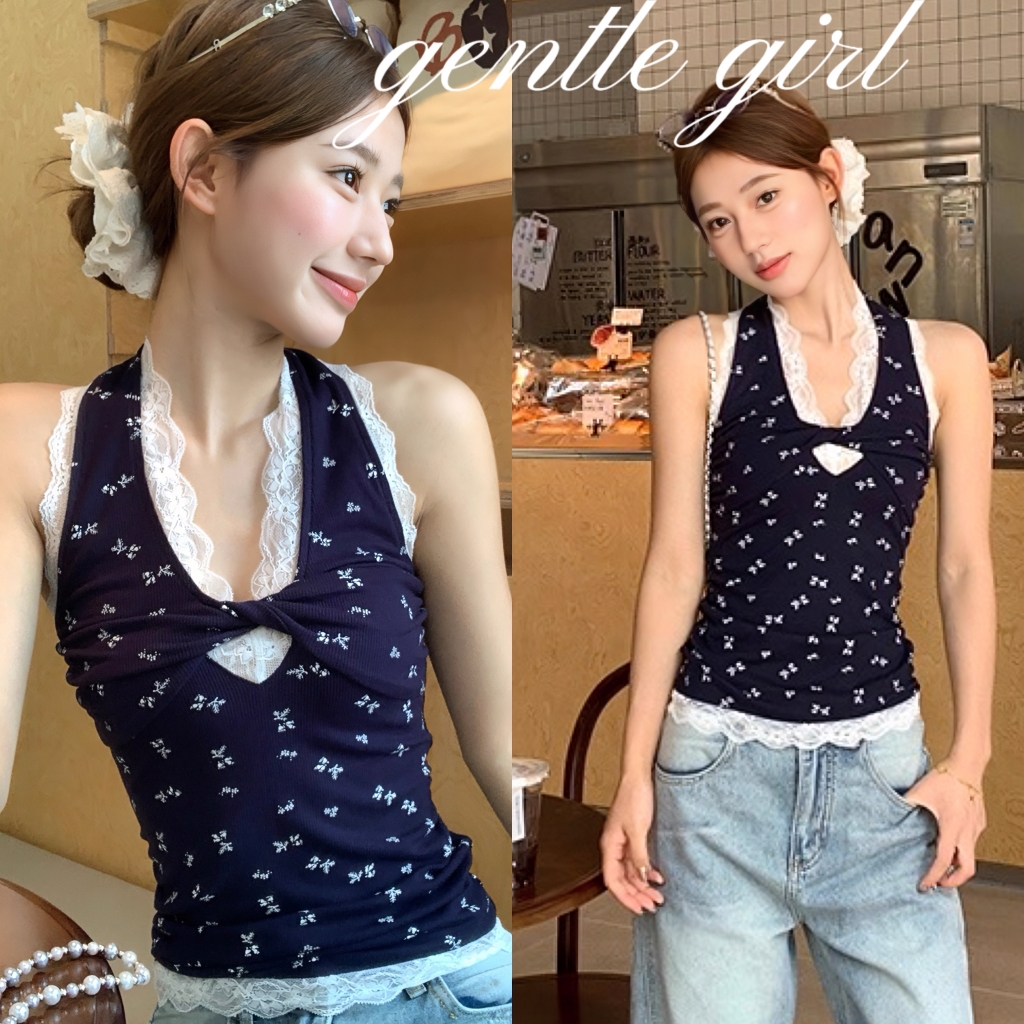 GG🎀จัดส่งที่รวดเร็ว🎀เสื้อกล้ามคอฮอลเตอร์ลายดอกไม้สำหรับผู้หญิงในช่วงฤดูร้อน เสื้อลูกไม้ทรงเข้ารูปเปิดหลังแบบใหม่