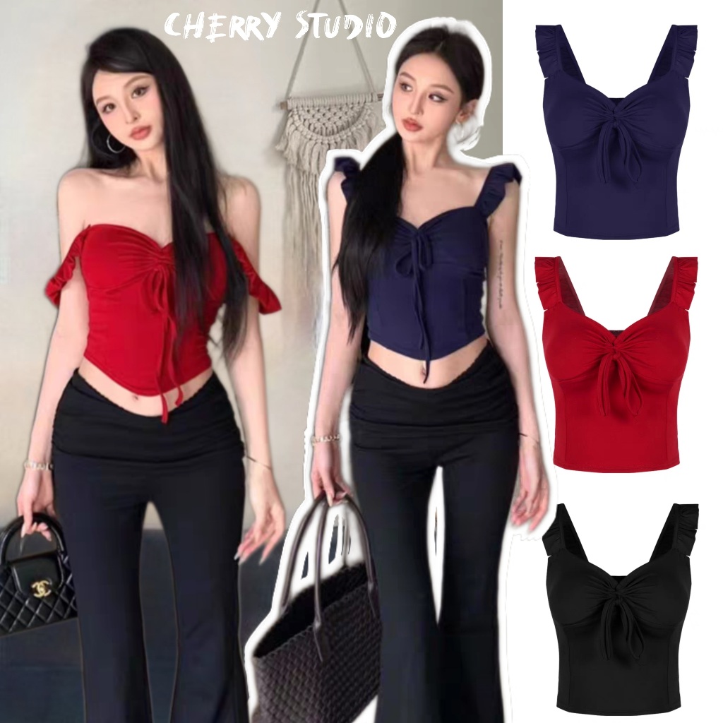 Cherryพร้อมส่ง💓เสื้อเปิดไหล่ผู้หญิง เสื้อยืดแขนสั้น เสื้อท็อปรัดรูปเซ็กซี่หวานสีแดง รูดเชือก สีพื้น ใส่ได้2แบบ สไตล์ลำล