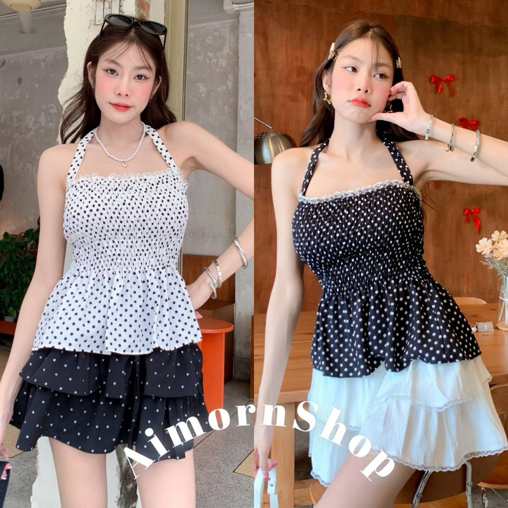 🔥aimorn_shop🔥เสื้อคล้องคอ สม็อคผูกโบว์หลัง ลายจุด ดีเทลแต่งขอบลูกไม้ สวยแซ่บมาก