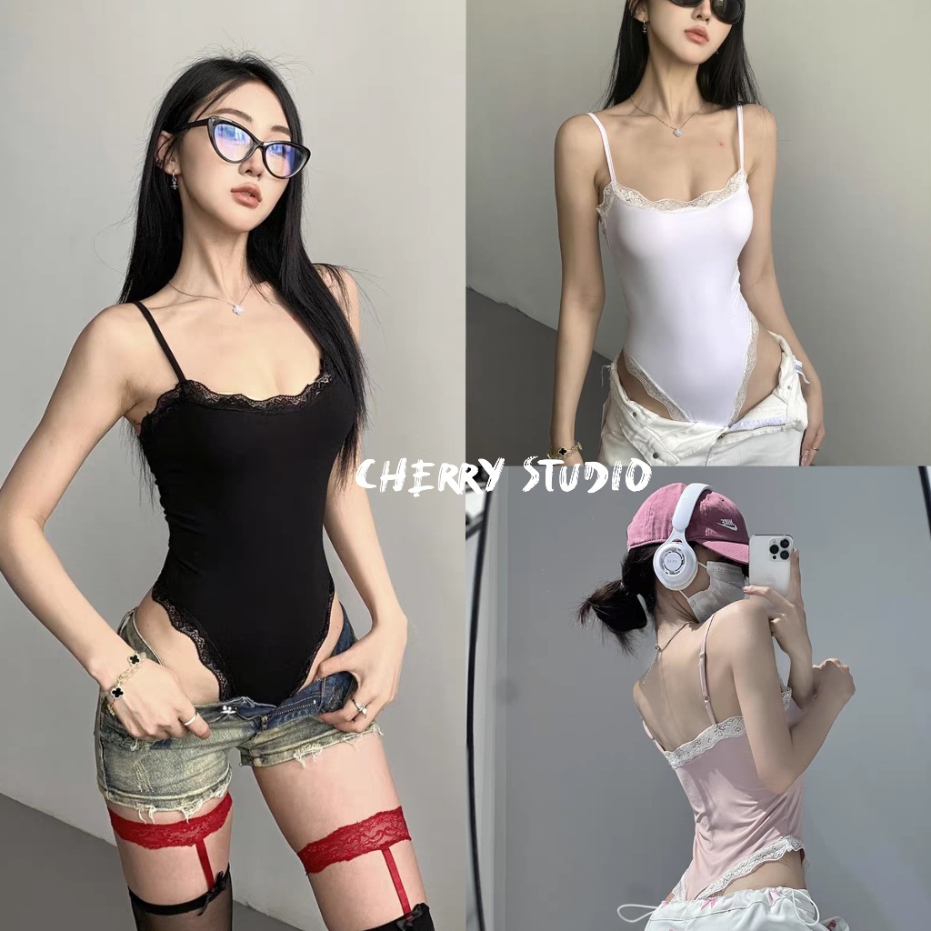 Cherryพร้อมส่ง👙 ชุดบอดี้สูทลูกไม้เซ็กซี่ เสื้อท็อป เอวลอย ทรงเข้ารูปแต่งขอบลูกไม้ Slimming ใส่แล้วดูหนุ่นดี แฟชั่นผู้หญ