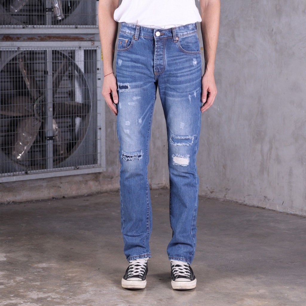 กางเกงยีนส์ผ้าดิบฟอกเฟดริมแดงผู้ชาย Jack Russel Meiterwerk J-RIM6 Slim Fit Classic Blue & Red Selvedge Unsanforized