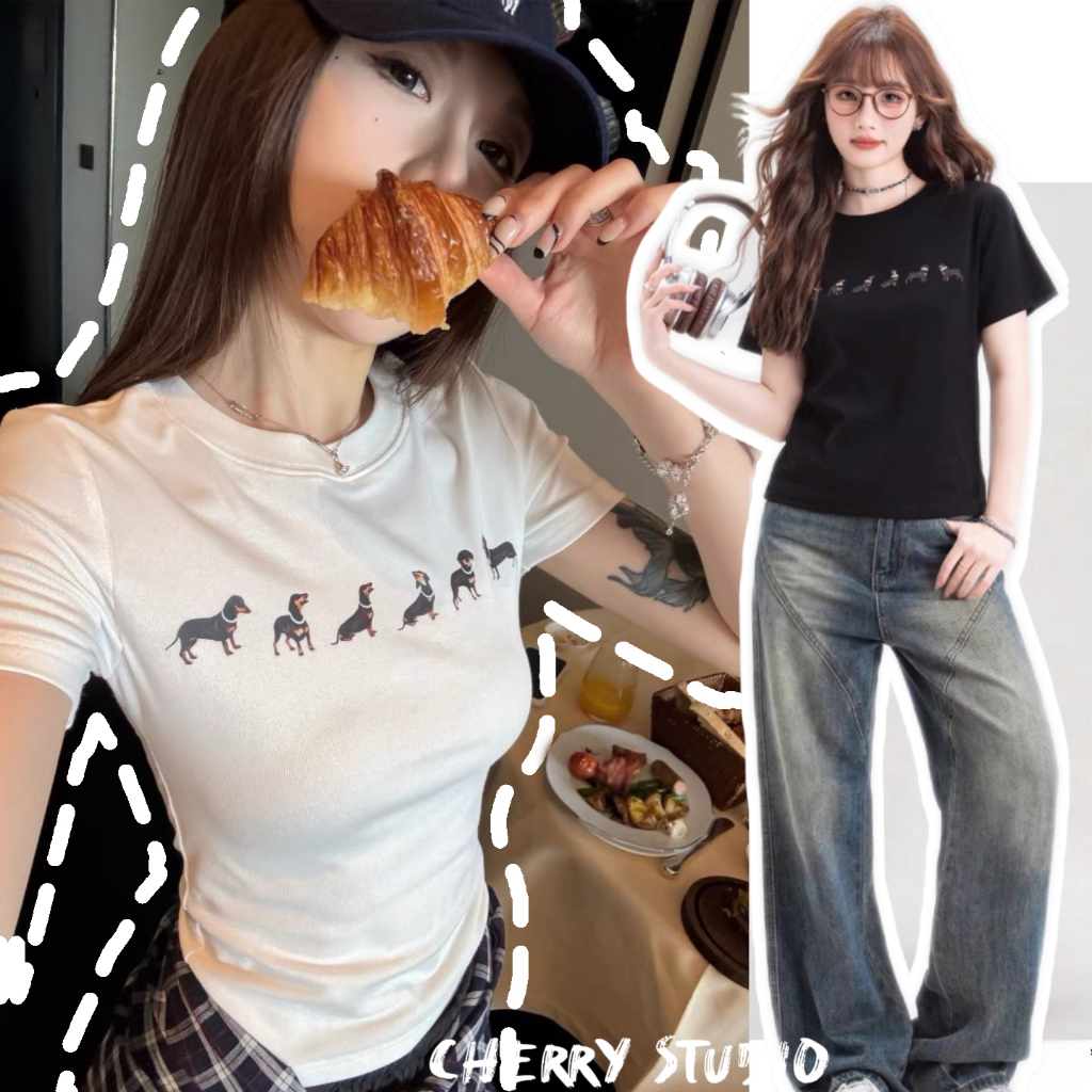 Cherry พร้อมส่ง🦮Baby Teeสไตล์เจนนี่ Y2k เสื้อรัดรูป เสื้อยืดแขนสั้นสีขาว พิมพ์ดัชชุนด์ทรงเอวลอย เสื้อครอป สไตล์เกาหลี