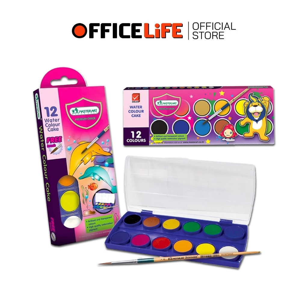 Master Art สีน้ำ สีน้ำก้อน 12 สี กล่องพลาสติกโลมา กล่องสิงโต แถมฟรีพู่กัน (เฉพาะกล่องโลมา) 1 กล่อง