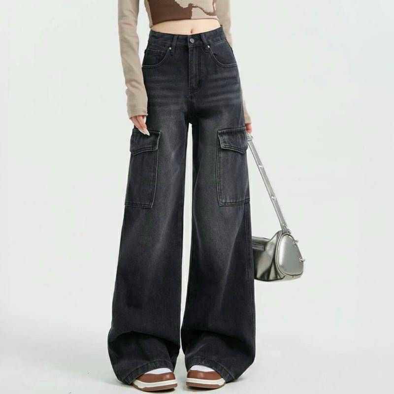 #6621 (XS-6XL) jinjeans กางเกงยีนส์คาร์โก้สีดำฟอก แต่งเฟด