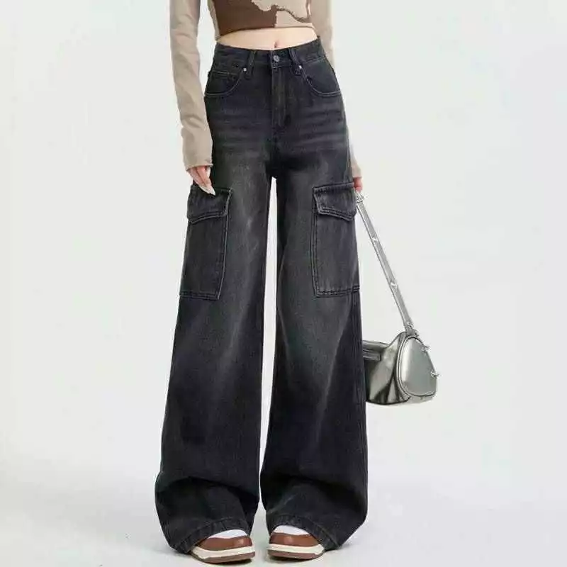 #6621 (XS-6XL) jinjeans กางเกงยีนส์คาร์โก้สีดำฟอก แต่งเฟด