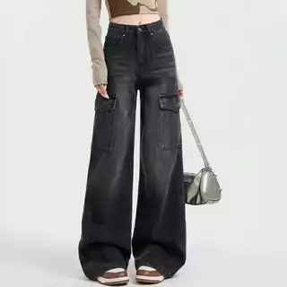 #6621 (XS-6XL) jinjeans กางเกงยีนส์คาร์โก้สีดำฟอก แต่งเฟด