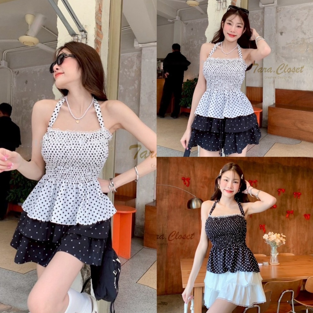 BA085 TARA Shirt เสื้อครอป ลายจุด ผูกคอ แต่งลูกไม้ สม็อกรอบอก เนื้อผ้าไหมอิตาลีพิมพ์ลาย ผ้าดี ผ้านิ่ม ใส่สบาย ไม่ร้อน