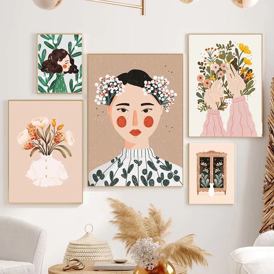 (พร้อมส่งจากไทย ภาพรวมกรอบ)Boho แฟชั่นสาวดอกไม้ ภาพวาดผ้าใบ Nordic สําหรับตกแต่งห้องนั่งเล่น