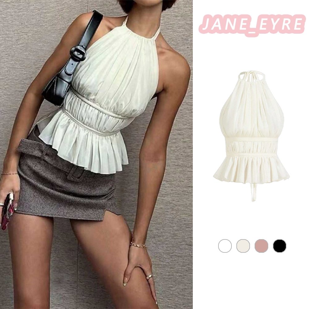 เสื้อกั๊กเซ็กซี่สีทึบรอบคอแขวนคอเสื้อกั๊กผู้หญิงBackless Lace-Up Top JN