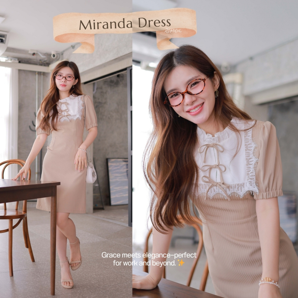 "Romi"Oil" Miranda Dress K227 ชุดเดรสสีเบจ (แต่งลูกไม้โบว์หน้า)(ไม่มีป้ายแบรนด์ Romi"Oil")