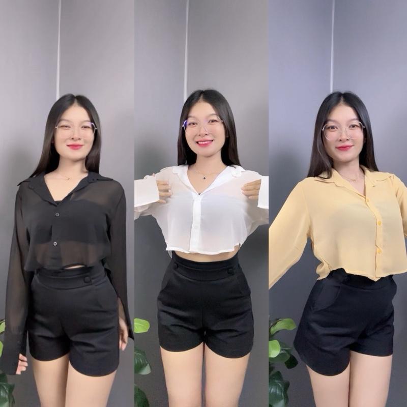 เสื้อเชิ้ตครอป แขนยาว ผ้าชีฟอง (มีไซส์เล็ก-ไซส์สาวอวบ) PM4