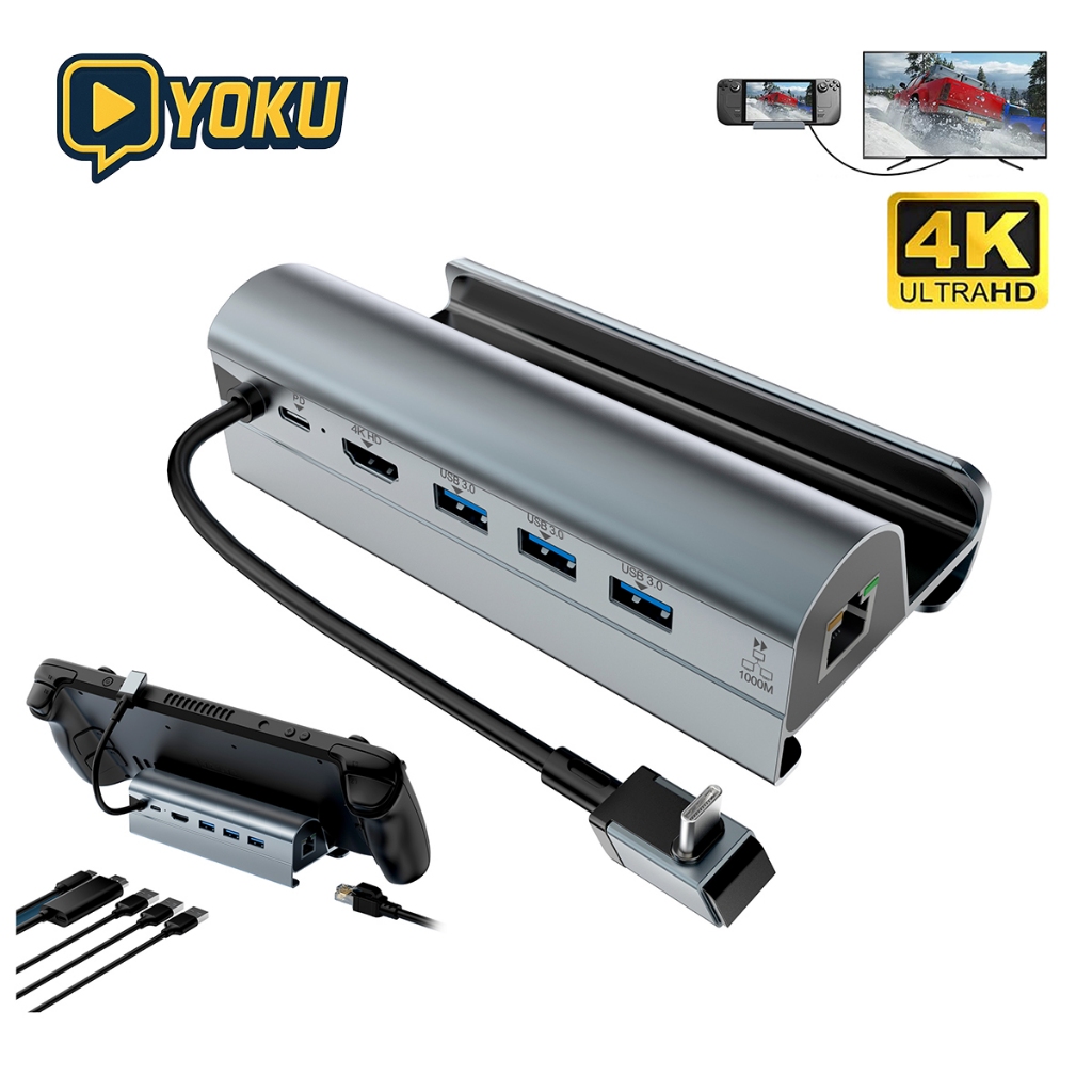 แท่น HDMI 6in1 สำหรับ Steam Deck / ROG Ally | 4K@60Hz + LAN Gigabit + ชาร์จเร็ว PD | ขาตั้งเกมพกพาอเนกประสง