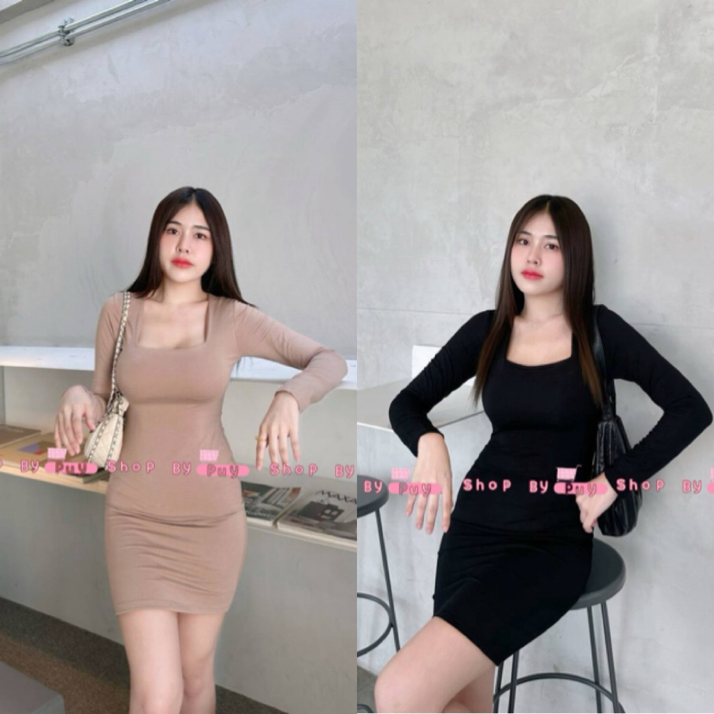 💕ShopBypuy💕เดรสคอเหลี่ยมแขนยาวผ้าเรย่อน🔥📌เดรสสีดำ
